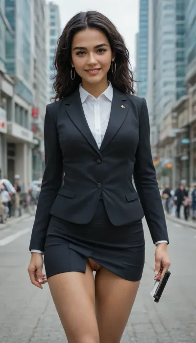 beautiful woman, (Latina:1.3), (long black hair:1.4), confident smile, (skyscraper façade:1.4), (business suit with skirt:1.6), (vagina peek:1.6), walking, (front view:1.5)