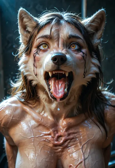 masterpiece, fit vascular, good lighting, (pale woman), nude, wrecked, helpless, (intense orgasm), (intense veins all over her body), (bulging detailed vein texture:1.2), (transforming into a realistic veiny vascular anthro wolf woman:1.3), (bulging veins), (drooling a lot of saliva:1.2), (running makeup), wolf nose, (fangs), <lora:SDXL1.0-LoRa_Zeitgeist-Morphing-Concept_by-AI_Characters-v1.0:.98>, anthro, feral, (black lipstick)