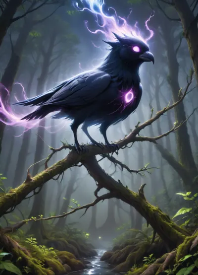 female crow, night, forest, tree branch, glowing runes, magic streams