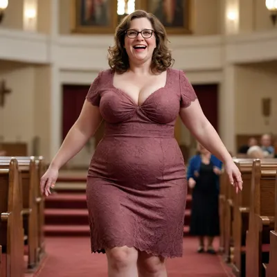 Cite 50-year-old buxom American woman with big hips in her church dress, fully dressed, short wavy brown, glasses, short and stocky, very overweight, large breasts, pale skin, smiling, full body view, lifting up front of dress to show hairy pussy
