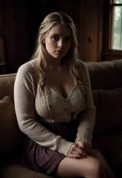 An insanely gorgeous very busty 21 year old extremely shy innocent-looking blonde student sitting on the couch in a cottage living room, enormous boobs, long braided hair, knitted cardigan, formal blouse, pleated miniskirt, <lora:dark:.8>
