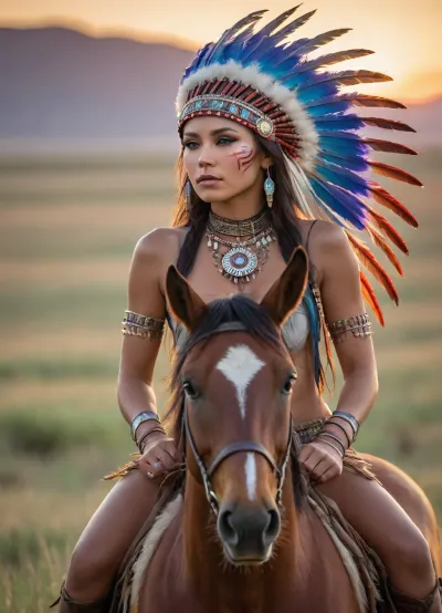 A adult beautiful slender Sioux Indian woman with a large colorful Indian Sioux feather headdress and war paint riding a horse on the prairie, She has a pretty coquettish faded face, elaborate hairstyle, small breasts, detailed crystal eyes, light glowing irises, heartshaped lips, lip gloss, aroused skin, sunset, long shadows, ancient native mood, detailed photo, photorealistic photo, realistic pretty women photo, night vision, soft fokus, parallax, overexposure, view from back, #©KITTYART



































#©KITTYART