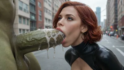 (masterpiece), (ultra high definition), Slim hourglass body Black Widow from Marvel Avengers face fucked by 1 huge intense green furious mad Hulk with a super huge gigantic dick, in a destroyed New York city background, gagging cum, black latex suit, mouth penetration, hyper mouth cum explosion, hyper anal cum explosion, hyper cum dripping from pussy, (enormous gigantic hulk cock fucking face), (belly bump), (super huge lips), face fuck, oral sex, (((straight short deep-red hair)))