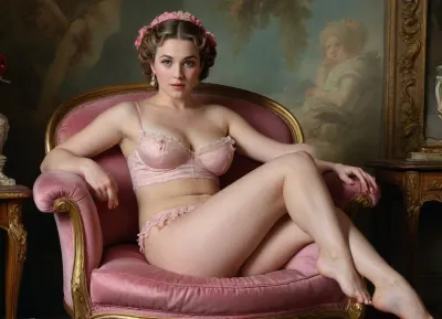 2women, in the style of by François Boucher, ((A beautiful mature curvy milf, 45 years old)), was resting on a wonderful armchair, which represented a shell upholstered in velvet, imitating pink pearl. Her wonderful hair was artfully braided into a crown by a hairdresser. she is full nude. A precious belt, woven of gold threads and pearls, encircled her waist. And, swaying softly, the diamonds were burning on her ears. At her feet, on a stool, sat a young girl dressed as a Phrygian shepherd, wearing a red cap une virago courtisane, who looked more like a pretty, curly-haired boy with an upturned nose and a dimple in his round chin. She kept her loving eyes on the woman and reverently kissed her pink legs, which were drowning in waves of the finest, precious lace., AH_Fragonard, rococo, french, painting