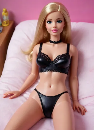 life size barbie doll, original barbie doll, joint lines at shoulders, joint lines at hips, (plastic skin:1.2), (glossy skin), full body view, (balls joint doll), (barbie:1.3), doll face, plastic face, (plastic doll:1.2), lying on a bad, spreading legs wide, (cum covered:1.2), (cum on face:1.2), (black bra), (black panties), hand in panties, fingering