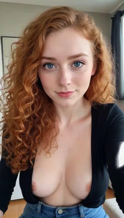 one girl 18 years old, iPhone shot, selfie, shy smile, slim body, fit body, flat chest, curly long ginger hair, big blue eyes, pulled up black shirt, open jeans, attraction, medium perfect breast, detailed