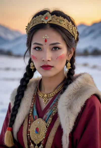 A beautiful slender adult Bhutanese woman in traditional clothing, jewelry and war paint across a snow-covered pasture plateau, yak, holding, She has a pretty coquettish faded face, elaborate hairstyle, small breasts, detailed crystal eyes, light glowing irises, heartshaped lips, lip gloss, aroused skin, she exhales, sunset, long shadows, ground fog, native and cold mood, detailed photo, photorealistic photo, realistic pretty women photo, night vision, soft fokus, parallax, overexposure, #©KITTYART




































#©KITTYART