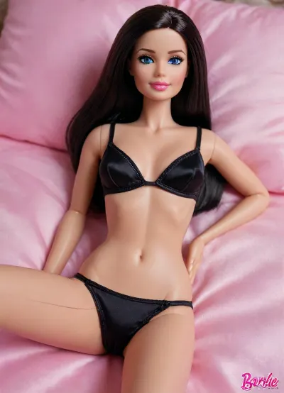 life size barbie doll, original barbie doll, joint lines at shoulders, joint lines at hips, (plastic skin:1.2), (glossy skin), full body view, (balls joint doll), (barbie:1.3), doll face, plastic face, (plastic doll:1.2), lying on a bad, spreading legs wide, (black bra), (black panties), hand in panties, fingering, (masturbating), wearing black satin robe, open robe