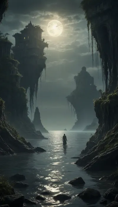 The scene is made on the ocean shore with vegetation in the style of dark fantasy-a dystopia with a very detailed and atmospheric environment. The world in the water is magically infected with glowing anomalies, perverted nature, and the remnants of vanished civilizations. The light is unnatural, casting eerie shadows. The art style combines elements of medieval fantasy.