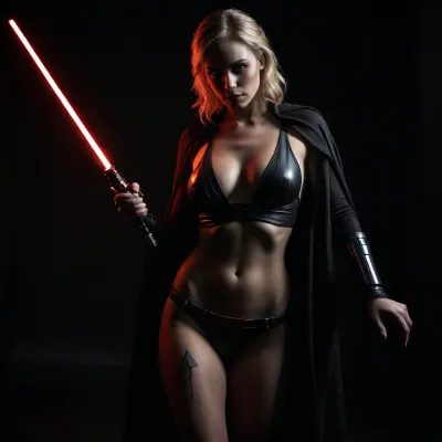 (Athletic with define abs, blonde, thin, big boobs, big ass, sexy, turned to dark side in mid 20s), ((sexy Star Wars themed tattoo on her side and one on her leg)), (((with sexy sith apprentice outfit))), in a Death Star hallway coming out from the shadows with her light saber being the only thing you see, ((super dark, no light)), ((alight coming from just her red light saber that she is holding in her right hand)), full body, masterpiece, best quality 4k HDR high resolution realistic photograph, holding light saber. Wants you to Embrace the dark side, threatening, (sexy revealing lingerie under black sith robe, can see full abs cleavage and ass), big boobs, athletic figure, (no light, red light shining onto her skin, reflects the red from lightsaber off her sweaty skin, only red light from lightsaber, dark, black background), <lora:CinematicStyle_v1:.8>, <lora:dark:.8>