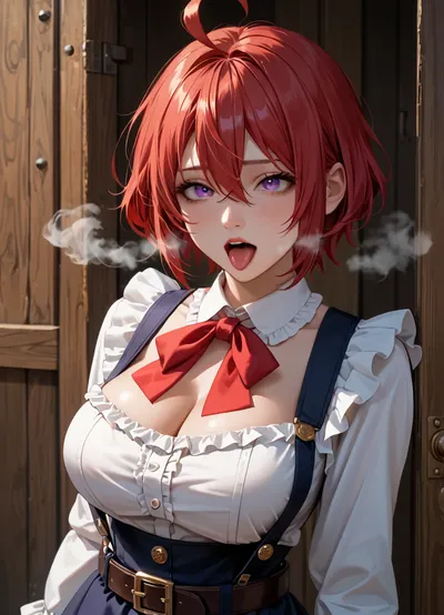 score_9, score_8_up, score_7_up, anime screencap, masterpiece, 4k wallpaper, best quality, 1girl, solo, short hair, hair between eyes, ahoge, red hair, purple eyes, pinafore dress, blouse, white shirt, frilled shirt, cleavage, large breasts, long sleeves, suspenders, loose belt, black belt, anime style, up skirt, red pantie, ahegao face, ((steam)), ((steamy)), visible breath