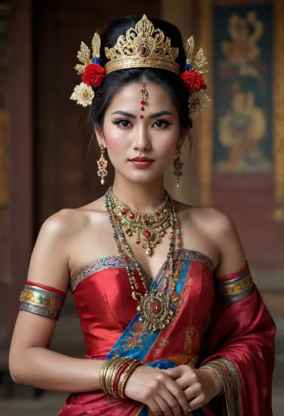 glossy magazine cover style, A beautiful slender adult Bhutanese woman in traditional decorated colorful clothing, jewelry and war paint with elaborate hairstyle in lingerie, sparkling look, handsign to viewer, #©KITTYART





































#©KITTYART