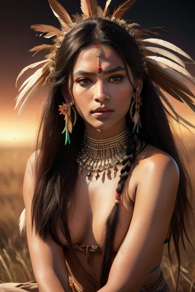 A adult beautiful slender Sioux Indian woman with a large colorful Indian Sioux feather headdress and war paint on the prairie, holding, She has a pretty coquettish faded face, elaborate hairstyle, small breasts, detailed crystal eyes, light glowing irises, heartshaped lips, lip gloss, aroused skin, sunset, long shadows, ancient native mood, detailed photo, photorealistic photo, realistic pretty women photo, night vision, soft fokus, parallax, overexposure, she sits, #©KITTYART



































#©KITTYART
