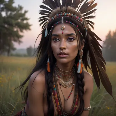 A adult beautiful slender Sioux Indian woman with a large colorful Indian Sioux feather headdress and war paint kneels on the prairie in front of a Native American totem pole, She has a pretty coquettish faded face, elaborate hairstyle, small breasts, detailed crystal eyes, light glowing irises, heartshaped lips, lip gloss, aroused skin, she exhales, dramatic sunset, long shadows, ancient native mood, detailed photo, photorealistic photo, realistic pretty women photo, night vision, soft fokus, parallax, overexposure, #©KITTYART



































#©KITTYART