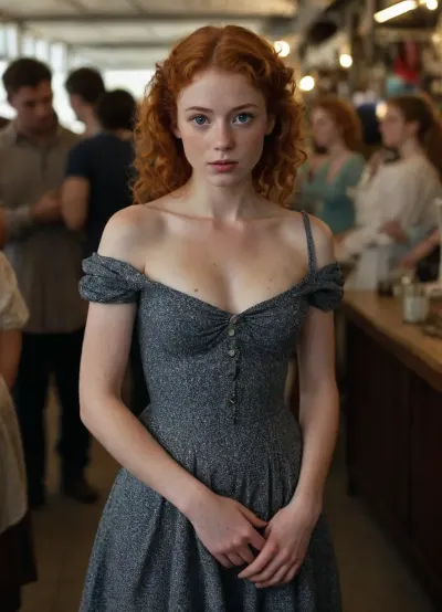20 year old ginger girl, lots of freckles, light red hair, very curly hair, mullet, small upturned nose, full lips, high cheekbones, big eyes, skinny body, lanky body, thin, no bra, pointy nipples, pokey, period appropriate clothing from colonial new england, at a busy flea market, she just noticed that the strap of her dress has fallen off of her shoulder and her entire breast is visible, she’s very embarrassed and tries to cover herself