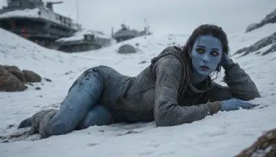 (not human, alien body, alien proportion, alien anatomy, green blood, (blue skin, scaly snake skin, reptile-like skin, scales)), alien female in torn space jumpsuit creeping through the snow, prostrated, halfnude, wrecked, wounded, helpless, her broken wrecked space ship in background, (full-length image:1.3)