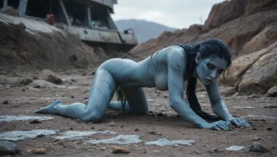 (not human, alien body, alien proportion, alien anatomy, green blood, (blue skin, scaly snake skin, reptile-like skin, scales)), alien female in torn and tattered space jumpsuit creeping through the snow, crawling, prostrated, (((halfnude))), wrecked, wounded, helpless, her broken wrecked space ship in background, (full-length image:1.3)