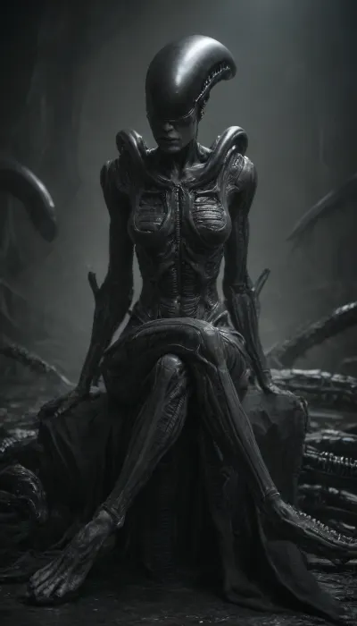 (((((Ariel))))), solo, ((((((sexy xenomorph skin)))))), ((((xenomorph face)))), sits, crossed legs, score_9_up, score_8_up, score_7_up