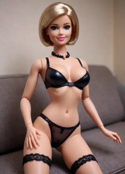barbie doll, toy, (big breasts), plastic body, sexdoll, doll house, macro photo, short hair, messy hair, wicked smile, sly look, original barbie doll, joint lines at shoulders, joint lines at hips, (plastic skin:1.2), (glossy skin), full body view, (balls joint legs), (balls joint arms), (balls joint knees), (balls joint feet), (balls joint hips), (balls joint hands), (balls joint doll), (barbie:1.3), doll face, plastic face, (plastic doll:1.2), (sitting on a sofa), (legs apart), (spreading legs wide), (black bra), (black panties), tiny panties, lying in sexy pose, posing, vinyl lingerie, (black stockings), low angle perspective, (view from below:1.3), close up