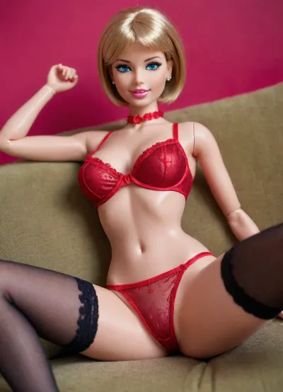 barbie doll, toy, (big breasts), plastic body, sexdoll, doll house, macro photo, short hair, smile, sly look, original barbie doll, (plastic skin:1.2), (glossy skin), full body view, (balls joint legs), (balls joint arms), (balls joint knees), (balls joint feet), (balls joint hips), (balls joint hands), (balls joint doll), (barbie:1.3), doll face, plastic face, (plastic doll:1.2), (sitting on a sofa), (legs apart), (spreading legs wide), (red bra), (red panties), tiny panties, lying in sexy pose, posing, doll lingerie, (black stockings), low angle perspective, (view from below:1.2), close up