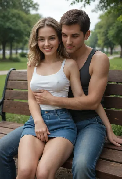 A tall young very beautiful 18-year-old Russian girl in a tank top and a spacious skirt sits on a guy's lap and hugs his neck On a bench in the park, (the legs are slightly spread apart), a slut smile, The chest is medium, (the guy's hand under the skirt on the girl's crotch), High detail, excellent image quality