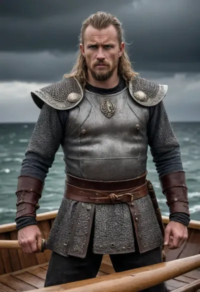 a stern Viking warrior stands on the deck of a dragonboat, his face is weathered and scars are visible, he is dressed in chain mail, leather bracers, a wolfskin cloak is draped over his shoulders, a Carolingian sword is clutched in his hands, a stormy sea in the background, a leaden-gray sky with dark clouds and lightning, the whole picture is in the style of the Dark Ages, dramatic colors, high resolution, realistic. Style
