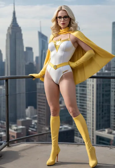 Full body, Diamond Milf, (extremely large breasts), (extremely large ass), (extremely large hips), (extremely thin waist), (extreme hourglass figure), top heavy, bottom heavy, front heavy, back heavy, bimbo body, athletic, strong, (muscular), (milf), (long wavy platinum blonde hair), pale skin, (black wire frame glasses), light makeup, yellow eyes, (super heroine), (white leotard), (sleeved pale yellow gloves), (thigh high pale yellow heeled boots), (pale yellow cape), (pale yellow superhero eye mask under her glasses), standing on top of building
