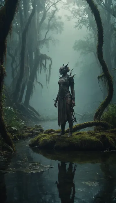 The scene is made on the swamp shore with vegetation in the style of dark fantasy-a dystopia with a very detailed and atmospheric environment. The world in the water is magically infected with glowing anomalies, fog, perverted nature, and the remnants of vanished civilizations. The light is unreal, casting eerie shadows, Creature sexy girl and characters mystical, hybrid, animal-like anthropomorphic creatures with dangerous or wild traits. The art style combines elements of medieval fantasy.