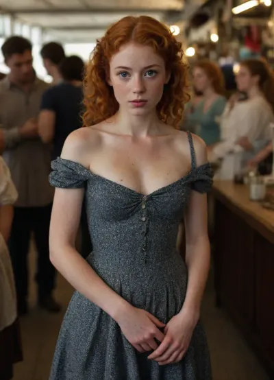 20 year old ginger girl, lots of freckles, light red hair, very curly hair, mullet, small upturned nose, full lips, high cheekbones, big eyes, skinny body, lanky body, thin, no bra, pointy nipples, pokey, period appropriate clothing from colonial new england, at a busy flea market, she just noticed that the strap of her dress has fallen off of her shoulder and her entire breast is visible, she’s very embarrassed and tries to cover herself