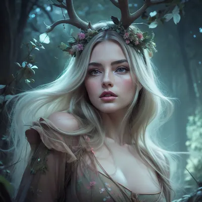 a retrofuturism watercolor illustration of a adult beautiful woman with flowery antlers in a forest clearing, holding, complicated, She has a pretty coquettish faded face, elaborate hairstyle, small breasts, detailed crystal eyes, light glowing irises, heartshaped lips, lip gloss, aroused skin, dramatic sunset, long shadows, fog, fairytale atmosphere, detailed photo, photorealistic photo, realistic pretty women photo, night vision, soft fokus, parallax, overexposure, #©KITTYART



































#©KITTYART