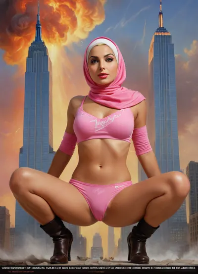 (TITLE TEXT "Virgin No.72":1.8), "Virgin No.72", (text reading "Virgin No.72"), (big movie title "Virgin No.72"), (movie poster:1.2), (huge letters, movie title text:1.2), (Muslim woman, brown skin:1.3), (Arab woman:1.1), (brown skin:1.3), (religious hijab:1.3), wet sweaty body, big text on poster, sweaty body, ((string bikini bottom)), sideview, (((tight uniform 50's))), (((pin up 1940's))), (explosion on World Trade Center:1.1), (1950's movie poster:1.2), (huge title text, movie poster:1.5), (big text on poster:1.5), (1950's movie poster:1.4), (1940's pin up girl), (Muslim girl in hijab sitting on a cloud in the sky:1.2), (hijab:1.5), (Arab girl in underwear:1.2), (skyline in background:1.3), (explosion on skyscraper:1.3), (airplane crashing into World Trade Center:1.3), (September 11 attacks:1.2), (9/11 September twin tower attack:1.2), (airplanes crashing in skyscraper:1.1), (she is wearing a pink hijab), Photography, photorealism, tall, beautiful perfect figure, Knee-high boots, perfect tall legs, charming eyes, sad yet gracious face, dark background, fantasy art capturing the style of Aaron Horkey, Jeremy Mann and Luis Royo, body-focused composition from a low angle, alluring figure, dark fantasy, dynamic composition, warm hues, showcases acrylic calligraphy, watercolor techniques integrated seamlessly into a maximalist masterpiece, detailed with gouache fluidity, golden hour light, hyperrealism, hypperrealistic, hyperdetailed, 64k, ultraHDR, Movie, Poster, page, panties, pulled, to, side, pussy, shaved, logo, text, sign, that, says, the, word, <lora:Movie Poster:.5>, <lora:Pussy_pants_nohands_D03_realvizXL2_bucket_01-000010:.5>, <lora:texta:1>