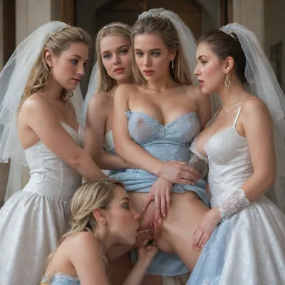 (1 blonde 18 year old Bride wearing white wedding dress:1.5), (4 bridesmaids wearing light blue dresses:1.5), maximum detail, lesbian, orgy, squirting orgasm, nipples exposed, innie pussy, creamy pussy, fat swollen pussy lips, dripping pussy juice off chin, glistening wet skin, wet, makeup smudged, eye liner running, orgasm face, visible squirting orgasm, squirting on face, cunnilingus, 4girls, girl, licking, <lora:Cunnilingus XL:1.4>