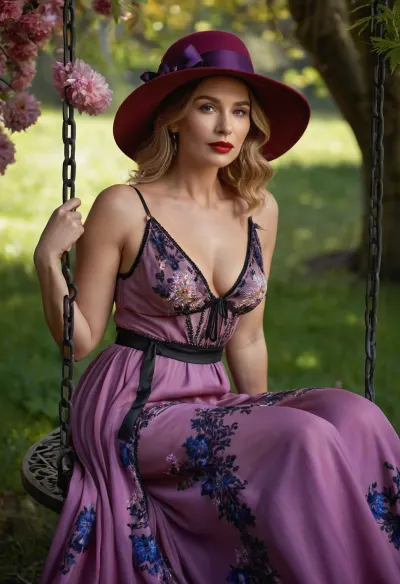 (Masterpiece, 8k, ultra realistic, high quality photography, hdr, High resolution, perfect image composition), Photographic portrait of a 45 years old Russian elite hooker in a flowing V-neck silk chiffon dress with pink, blue, and purple floral patterns, seated on an ornate wrought-iron swing draped with silk ribbons and daisies. She wears a wide-brimmed purple felt hat featuring a black grosgrain bow and bold red lips, posing with one hand on her hip and the other grasping the swing chain. Soft golden-hour light bathes the scene, with sunbeams filtering through a blurred overgrowth of cherry blossoms, ferns, and towering linden trees, rendered in hyper-detailed realism with impressionist color gradients and bokeh effects, (woman has narrow waist:1.2), hinaigirl, <lora:MaybeBetterFaceInFullBodyLora_XL_rev3:.8>, <lora:SDXLHighDetail_v6-000005:.8>