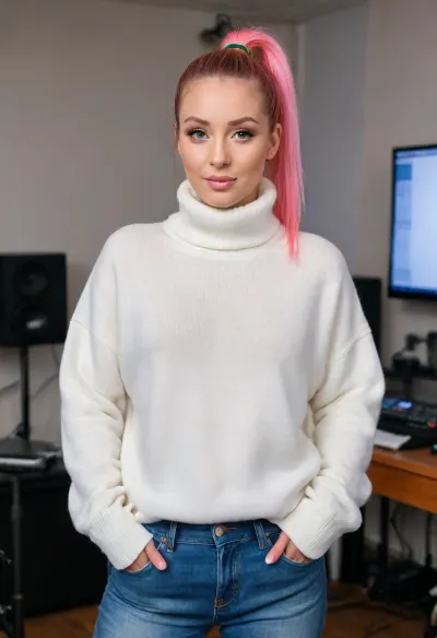(masterpiece, best quality:1.2), 1 czech 30yo woman, famous singer Tereza Maskova, (she wears a white baggy turtleneck sweater and jeans:1.4), indoors in a recording studio, (long pink high ponytail hair:1.2), bright blue eyes, piercing in nose, earrings, she is standing at a studio microphone and sings powerful and concentratedly, she wears professional headphones, photorealism, <lora:681678_training_data:.5>