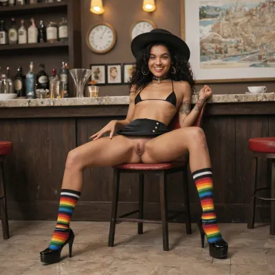 18 year old, beautiful, very small, petite, Jamaican girl, brown skin, very long legs, innocent looking, half smile, eyes wide open, bikini, tits exposed, black mini skirt, short colorful socks, choker, high heels, black hair, long curly hair, legs spread wide, sat on a chair, in a cafe, open pussy, hat, tattoos, masterpiece, photo realistic