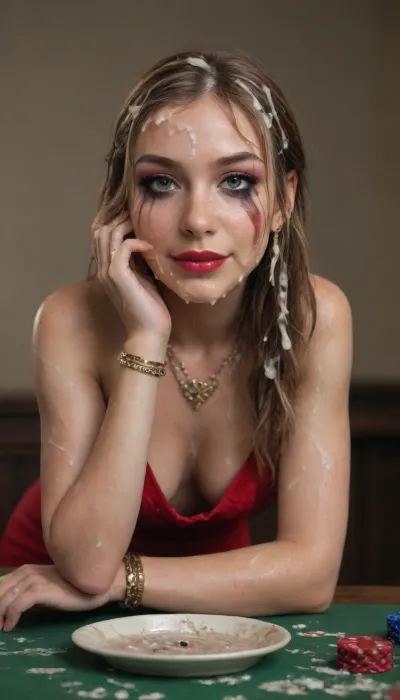 glamorous 35-year-old woman sits cross-legged atop a poker table, unfazed by the game around her. Her tight black evening dress clings to her curves, with a deep neckline and high slit revealing her long legs. She's adorned with gold and diamond jewelry — earrings, bracelets, a bold necklace — all sparkling under the lights. Her crimson lips curl into a smug smirk as she idly spins a poker chip between manicured fingers. The players stare in silence, unsure whether to keep playing or simply admire the untouchable queen before them, (cum everywhere:1.9), (cum on hair:1.7), bowl full of sperm in hand, runny makeup, sitting on table