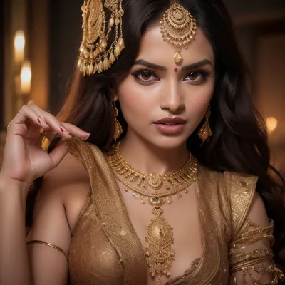 Close up, 7, ((one woman)), ultra realistic, 30 year old indian woman with elegant gold traditional indian facial jewellry and head dress. black satin Bra, bra fuck and cum, small petite slim woman, ((high detailed skin)), ((34c breasts)), 32k uhd, dslr, (highly detailed long flowing wavy hair), highly detailed body, (realistic), insanely detailed, highest quality, horny expression, (looking at viewer:1.2), realcumAI, edgJBG_woman, edgJBG_face, edgJBG_body, <lora:edgBondDollLikenessv1:1.9>