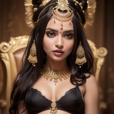 Close up, 7, ((one woman)), ultra realistic, 30 year old indian woman with elegant gold traditional indian facial jewellry and head dress. black satin Bra, bra fuck and cum, small petite slim woman, ((high detailed skin)), ((34c breasts)), 32k uhd, dslr, (highly detailed long flowing wavy hair), highly detailed body, (realistic), insanely detailed, highest quality, horny expression, (looking at viewer:1.2), realcumAI, edgJBG_woman, edgJBG_face, edgJBG_body, <lora:edgBondDollLikenessv1:1.9>