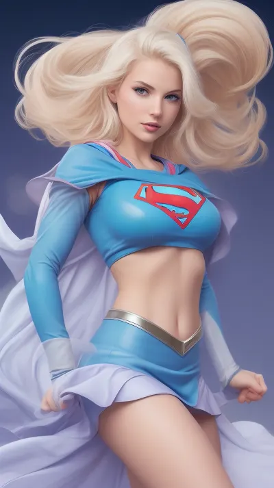 A stylized Supergirl, inspired by artist J Scott Campbell, (https, //comicartcommunity.com/gallery/details.php?image_id=41936), pulling up a tight crop top over her big boobs. S emblem on crop top, She has long platinum blonde hair and a fierce, determined expression. Her outfit is a sexy, modern take on a superhero costume, with a tiny cape and short skirt, rendered in soft colors with subtle blue accents. The pose is dynamic and confident, emphasizing her strength and allure, reminiscent of classic pin-up comic art styles.of J Scott Campbell Art Style & Texture, •	Comic book pin-up aesthetic
	•	Light ink shading, smooth skin and fabric highlights
	•	Soft color accents with bold outlines

Hashtags, #PhotonSuperSiren #ComicHeroine #PowerPose #PinUpJustice #SilverStrength #HeroReveal #DynamicBeauty #StylizedSupergirl #SexySuperpowered #CapeAndCurves