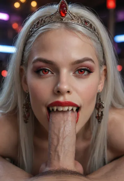 hyper detailed hyper realistic natural petite cutie, 18 years old beautiful vampire queen, (very muscular), nightclub, very detailed face, pale woman with white hair, Vampire Queen sucks penis, close up, red eyes, (((very long vampiric fangs:1.4))), luxurious tiara in the style of dark fantasy, symmetrical epic fantasy art, dark fantasy, purple lights, neon, colorful, high detail, impeccable image quality, ultrarealism, cockbiting, bitingshaft, vampirebiting, 1girl, penis, hetero, 1boy, fellatio, oral, solo, focus, pov, fangs, <lora:bjwithteethv4-10:.4>, <lora:MS_Real_POV_Blowjob:.3>, <lora:fangs:.1>, Dominant angry look