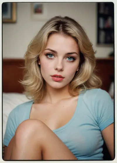 ziprealism, (1980s coed, naughty sorority, seductive pose, 1980 fashion:1.6), (intimate analog snapshot esthetic, analog photo, rounded picture border, scanned photograph, sharp focus, medium closeup, focus on eyes:1.8), (ash blonde hair, 1980 hair style, glam hair, feathered hair:1.6), (livid lipstick:1.2), (dorm, dorm room, college bedroom, 1980 decor:1.6), (masterpiece, best quality, 8k, RAW photography, award-winning, uncompressed, maximum quality), (professional color grading:1.2), (softly blurred background, soft bokeh), (natural skin texture, realistic skin details, subtle vellus hairs), (maximum clothing detail), (maximum hair detail, natural hair texture), (perfect eyes, maximum eye detail, expressive eyes, realistic eye texture:1.4)