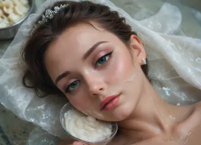 A surreal close-up portrait of a beautiful Bride in wedding dress and wedding vail, with elaborate bridal makeup, lying on the ground, especially around the eyes — dramatic eyeliner, long voluminous lashes, shimmering eyeshadow., (((Her face is submerged in a thick, glossy, creamy-white exclusive cum inside a transparent bowl))), ., (((The exclusive cum covers her cheeks, forehead, and parts of her lips, cum on her hair and in her eyes))), . Soft cinematic lighting, high detail on makeup, high quality sperm texture, skin texture, and the translucent cum. Dark, blurred background for contrast. Emotionally dreamy and artistic tone., <lora:Adjust_SDXL_v3.0:.9>, <lora:679571_training_data:1.3>, <lora:xl_more_art-full_v1:.8>, ac_neg1