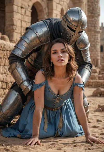 Erotic historical scene. Hyper realistic, (male medieval knight in armour and helmet), doggystyle fucking, (an African queen, submissive, wearing, (torn medieval royal dress)), outdoor, Arab desert, medieval castle in background