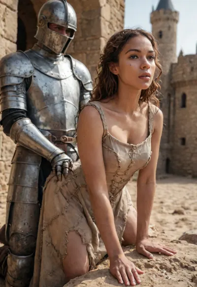Erotic historical scene. Hyper realistic, (male medieval knight in armour and helmet), doggystyle fucking, (a mulatto queen, submissive, wearing, (torn medieval royal dress)), outdoor, Arab desert, medieval castle in background