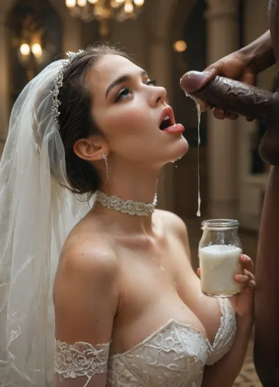 (((interracial))), 5giant black thick penises, perfect side view, Persian bide, super busty bride, nice cleavage, sexy wedding dress, a surreal and cinematic photo of a, (((beautiful Iranian bride tilting her head back while holding a clear glass jar high above her face with both hands, thick creamy white cum slowly pouring out of the jar and streaming directly into her open mouth:1.1))), into her open mouth. She wears a luxurious and detailed wedding dress with lace and pearl textures, her makeup is glamorous with a focus on the eyes. Her expression is intense yet graceful, soft lighting highlights the slime’s glossy texture and her elegant posture. High-detail fashion photography, dark blurred background, conceptual and provocative styling., ral-18thlxry, BadX, <lora:MJ52:.8>, <lora:18th century:.8>, <lora:dAIversityUnderstandingXLRealistic:2>