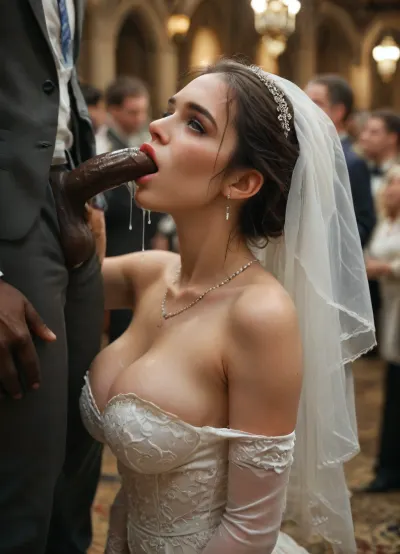 (((interracial))), 5giant black thick penises, perfect side view, Persian bide, super busty bride, nice cleavage, sexy wedding dress, a surreal and cinematic photo of a, (((beautiful Iranian bride tilting her head back while holding a clear glass jar high above her face with both hands, thick creamy white cum slowly pouring out of the jar and streaming directly into her open mouth:1.1))), ((cum puring into her open mouth)), ((white skin skinny cuckold groom in suit hug the bride and kiss her)), . She wears a luxurious and detailed wedding dress with lace and pearl textures, her makeup is glamorous with a focus on the eyes. Her expression is intense yet graceful, soft lighting highlights the slime’s glossy texture and her elegant posture. High-detail fashion photography, dark blurred background, conceptual and provocative styling., ral-18thlxry, BadX, crying, romantic_couple_poses, <lora:MJ52:.7>, <lora:18th century:.8>, <lora:dAIversityUnderstandingXLRealistic:1.4>, <lora:crying:.9>, <lora:1365620_training_data:1>