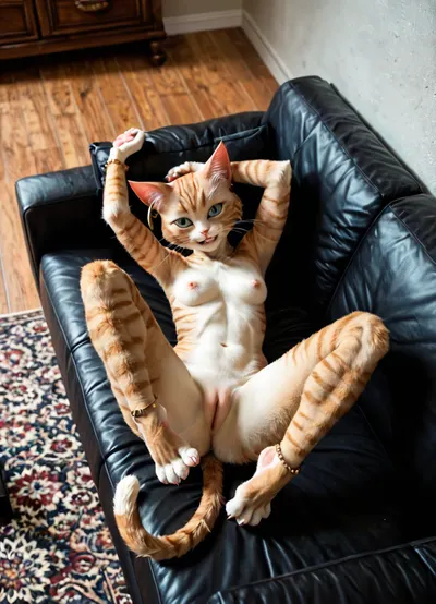 (anthro cat girl:2), Highest quality, ultimate detail, 8K, high angle view, Naked, young girl, black couch, very thick body, very curvy body, holding her legs up, (great big smile), teeth, legs spread, feet in the air, sexy cat paws towards camera, (very detailed cat toes:1.6), ankle bracelet, soft body