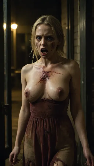 Dark. POV outside a shop at night, zombie woman 35y/o, with torn clothes, large natural sagging breasts.

Bite marks on body, blood, torn green dress, blonde hair, dirty, bloody face, aggressive expression, snarling nose, standing at window, angry, mouth open, blood in mouth, clawing at window, dead eyes, stumble posture, hands out, grabbing, attacking, rotting flesh, exposed puffy vulva, one breast exposed from torn dress.

Cars on fire in the street, dark night, zombie apocalypse HD, shallow depth of field, long lense, cinimatic, very, focused, flash, photo, <lora:sdxl_darkflash_v6-000060:.8>, dark, chiaroscuro, low-key, <lora:zavy-cntrst-sdxl:.8>, z0mb13, <lora:Zombie_XL_z0mb13:.8>