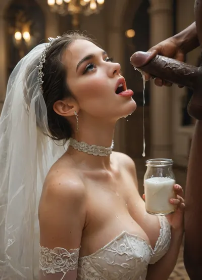 (((interracial))), 5giant black thick penises, perfect side view, Persian bide, super busty bride, nice cleavage, sexy wedding dress, a surreal and cinematic photo of a, (((beautiful Iranian bride tilting her head back while holding a clear glass jar high above her face with both hands, thick creamy white cum slowly pouring out of the jar and streaming directly into her open mouth:1.1))), into her open mouth. She wears a luxurious and detailed wedding dress with lace and pearl textures, her makeup is glamorous with a focus on the eyes. Her expression is intense yet graceful, soft lighting highlights the slime’s glossy texture and her elegant posture. High-detail fashion photography, dark blurred background, conceptual and provocative styling., ral-18thlxry, BadX, <lora:MJ52:.8>, <lora:18th century:.8>, <lora:dAIversityUnderstandingXLRealistic:2>