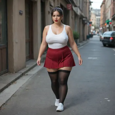 Milf, Curvy Body, Long Black Hair, High ponytail, Plump Lips, Bright red Lipstick, Big Tits, Low-cut Tank Top, One Breast popped out of the neckline, Skirt above the knees, Black Stockings, White Sneakers, Full-length View, Walking down the Street, <lora:220437_training_data:1.1>